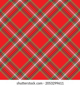 Bright Red And Green Diagonal Christmas Tartan. Seamless Vector Plaid Pattern Suitable For Fashion, Home Decor And Stationary.