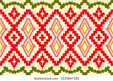 Bright Red and Green Festive Diamond Pattern: Seamless Ethnic Design for Holiday Textiles and Decor