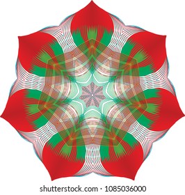 Bright red and green guilloche rosette with detailed pointed floral petals.