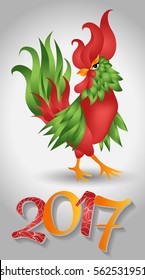 Bright red and green rooster on light background. Isolated vector illustration. Symbol of Chinese New Year.