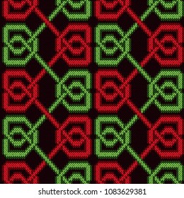Bright red and green threads symmetrically interlaced on the dark red background, seamless vector knitting pattern as a fabric texture
