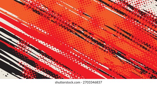 Bright red halftone dot pattern with energetic black orange splashes. eps 10 illustration.