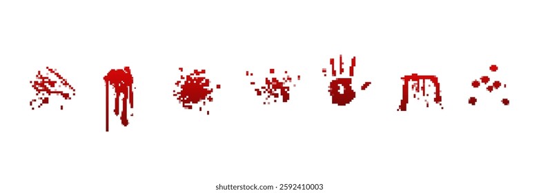 Bright red handprints and splatters with multiple shapes are arranged on a light canvas.