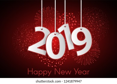 Bright red Happy New Year 2019 concept with paper cuted white numbers on ropes with fireworks. Vector illustration
