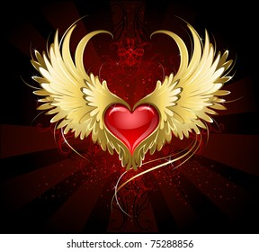 bright red heart of an angel with golden wings shining in the dark radiant red background decorated with a pattern.