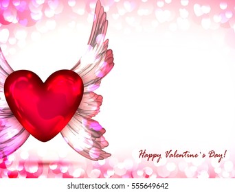 bright red heart with angel wing, happy valentines day vector symbol  holidays bokeh lights
