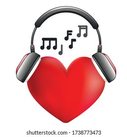 Bright red heart with big headphones design.