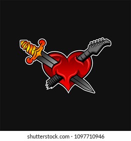 Bright red heart with crossed sword and neck of electric guitar. Rock or music theme. Vector design for tattoo, sticker or poster