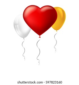 Bright red heart, the inflatable balloon in the shape of a big heart with tape, ribbon and other colored inflatable balloons. Greeting card for your friends, loved ones on white background.