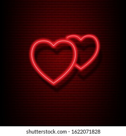 Bright Red heart . Retro glowing light neon hearts sign on wall background. Design element for Happy Valentine's Day. For your greeting card, banner. Vector illustration.