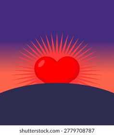 Bright red heart rising over horizon with radiant rays, symbolizing hope, love, and new beginnings in relationships or emotions.
