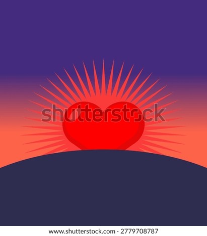 Bright red heart rising over horizon with radiant rays, symbolizing hope, love, and new beginnings in relationships or emotions.
