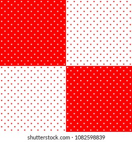 Bright red heart shape designed traditional retro design polka dot pattern, two inverted tiles in a seamless geometric repetition.
