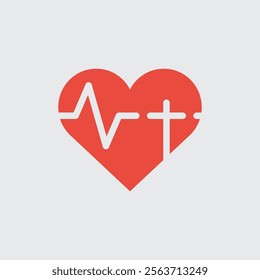 A bright red heart shape featuring a heart beat and white cross within it. Stock vector illustration isolated on white background.