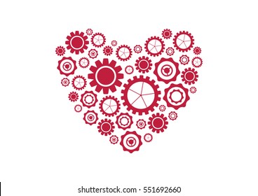 Corazón rojo brillante de fondo abstracto de los engranajes tecnológicos. Diseño vectorial del Día de San Valentín