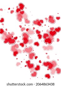 Bright red hearts confetti vector illustration. Modern greeting card backdrop. Bright hearts love pleasure symbols isolated on transparent background. Birthday sweet decor.