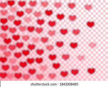 Bright red hearts flying vector illustration. Modern greeting card backdrop. Bright hearts love emotion symbols isolated on white background. Valentine's day simple decor.