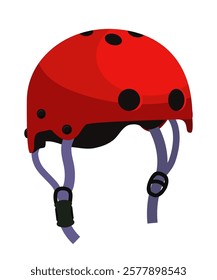 A bright red helmet features black ventilation holes and adjustable straps, designed for safety in sports like skating and cycling. This protective gear emphasizes comfort and reliability.