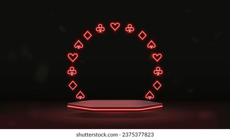 A bright red hexagonal podium with a neon frame of poker card suits on a dark background. A casino platform.