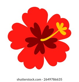 Bright red hibiscus flower icon with yellow stamen. Clipart image isolated on background.