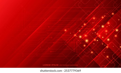 Fundo digital vermelho brilhante de alta tecnologia. Linhas de circuitos dinâmicos, formas geométricas, quadrados e efeitos de partículas de luz brilhantes se sobrepõem em padrões de pontos. Ilustração vetorial