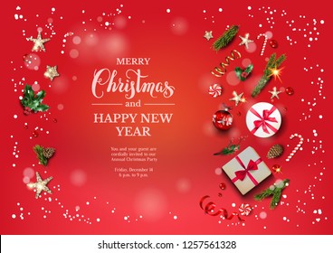 Bright red holiday illustration card with Christmas decorations and balls, stars, gift boxes, fir tree branches on fairy background. Christmas festive template.