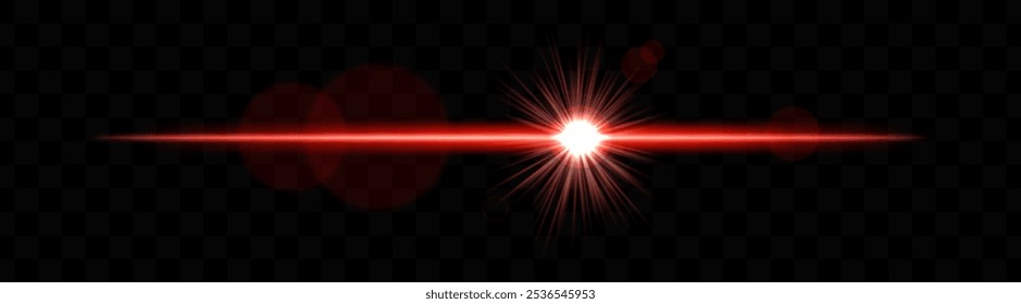 Bright red horizontal light flare with lens effect. Shining burst, luminous beam, optical flash, glowing streak, radiant glow, transparency.