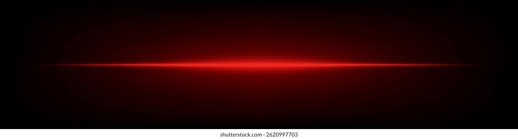 Bright red horizontal neon lens flare isolated on dark background. Abstract futuristic minimalistic beam, perfect for UI, digital design, sci-fi projects. EPS vector illustration.