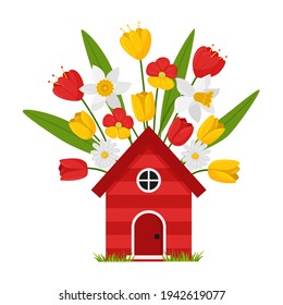 Una casa roja brillante con flores primaverales en el fondo. Un símbolo de primavera, un elemento decorativo para una postal sobre un tema de verano, botánico o floral. Ilustración del vector de color. Aislado en blanco.
