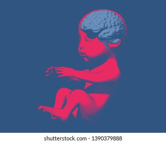 Bright red human infant baby fetus with light blue brain engraving graphic illustration in side view isolated on deep blue background
