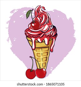 bright red ice cream with waffle cone and cherry flavor. Cherries ice cream dessert. Cartoon illustration. Ice cream with cherries 
dessert vector icon for your design