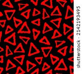 Bright red ink contour linear triangles isolated on dark black background. Monochrome geometric seamless pattern. Vector simple flat graphic hand drawn illustration. Texture.