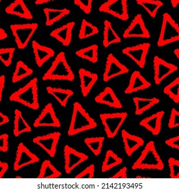 Bright red ink contour linear triangles isolated on dark black background. Monochrome geometric seamless pattern. Vector simple flat graphic hand drawn illustration. Texture.