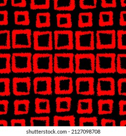 Hellrote Farbquadrate einzeln auf schwarzem Hintergrund. Einfarbiges geometrisches, nahtloses Muster. Vektorgrafik einfache flache, handgezeichnete Illustration. Textur.