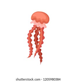 Bright red jellyfish. Marine creature. Sea animal with long tentacles. Underwater life theme. Flat vector design