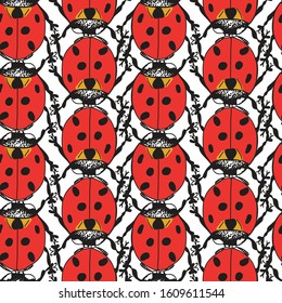 Bright Red Ladybug Beetle Coccinellidae Design Seamless Pattern on White Background