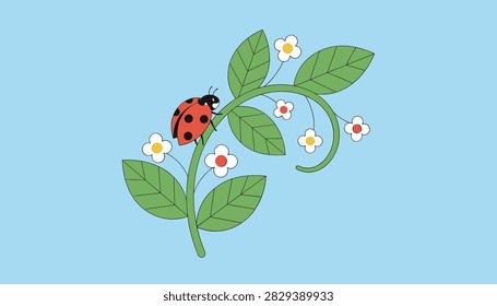 Bright red ladybug with black spots crawls on a green leafy plant stem decorated with several white flower blossoms against a light blue sky.