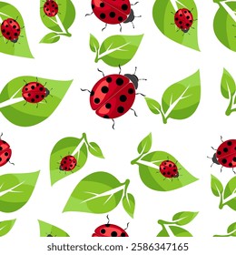 Bright red ladybugs and green leaves create a vibrant nature seamless pattern illustration for springtime decoration