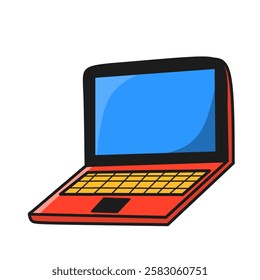 Bright red laptop with bright blue screen, modern look.