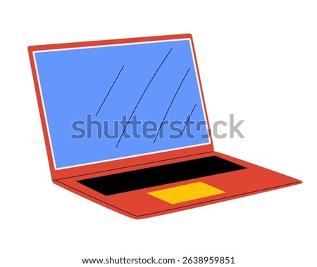 Bright red laptop computer with modern design and minimal style. Vector illustration for technology, electronics and devices
