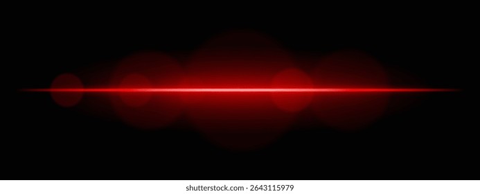 Bright red light beam with lens flare circles on dark background. Vivid horizontal glow ideal for futuristic UI, synthwave designs, or neon-inspired transitions.