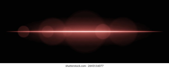 Bright red light beam with lens flare circles on dark background. Vivid horizontal glow ideal for futuristic UI, synthwave designs, or neon-inspired transitions.