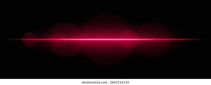 Bright red light beam with lens flare circles on dark background. Vivid horizontal glow ideal for futuristic UI, synthwave designs, or neon-inspired transitions.