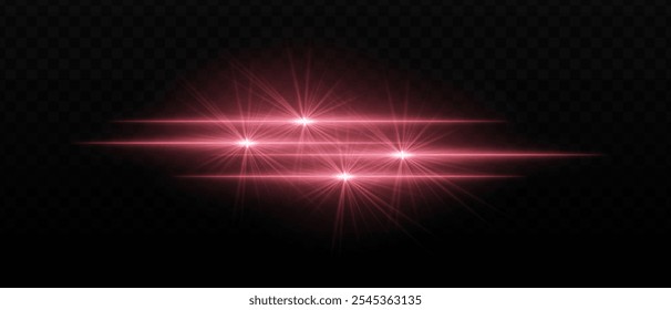Bright red light beams with star-like bursts and radiant glow. Horizontal light streaks and glare on dark background, creating a vibrant illumination effect