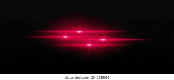 Bright red light beams with star-like bursts and radiant glow. Horizontal light streaks and glare on dark background, creating a vibrant illumination effect