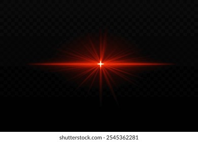 Bright red light burst with star-like rays and horizontal beam. Sci-fi glare effect, creating a glowing focal point on dark background