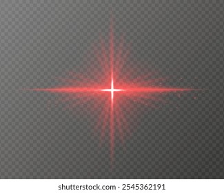 Bright red light burst with star-shaped rays, sparkling particles, and a horizontal glow on a transparent background. Ideal for adding a radiant flash or glare effect