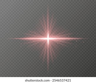 Bright red light burst with star-shaped rays, sparkling particles, and a horizontal glow on a transparent background. Ideal for adding a radiant flash or glare effect