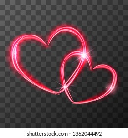 Bright red light traces in two crossed hearts shape with magic light and sparkles, love concept on transparent background