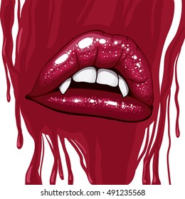 bright red lips glossy white teeth with sharp vampire fangs against the backdrop of blood stains